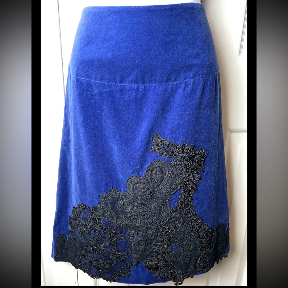 ELEVENSES Anthropologie Skirt Lace Beaded NWT Blue Velvet Corduroy Lined